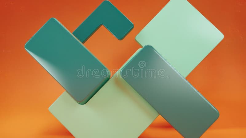 Abstract geometric shapes in green tones against an orange background, creating a vibrant visual contrast. stock illustration