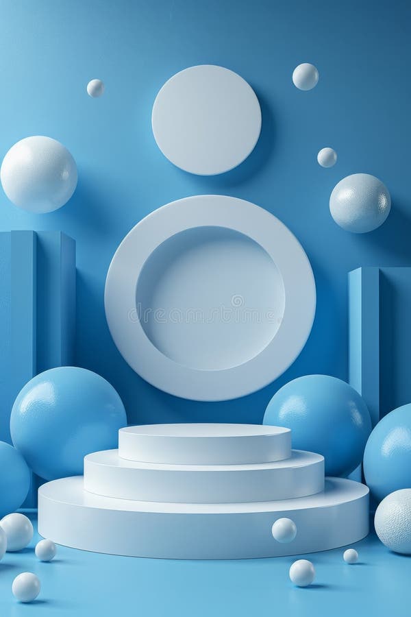 Abstract geometric shapes in shades of blue with circular forms and platforms. Abstract image featuring geometric shapes in various shades of blue. Circular forms and layered platforms create a visually appealing composition. Ideal for backgrounds, design concepts, and artistic projects. AI generated