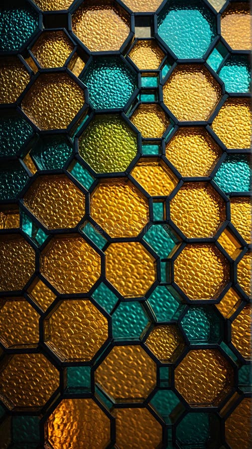 Abstract Geometric Stained Glass with Hexagonal Patterns in Yellow and Teal Tones for Modern Interior Design stock illustration