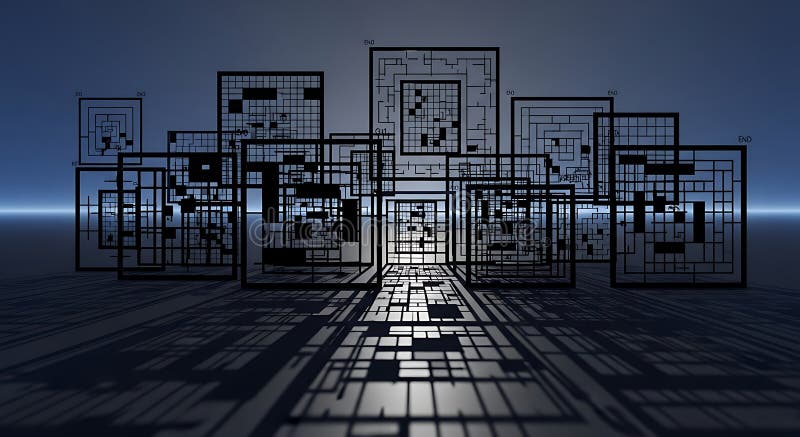 Abstract geometric structure with square frames and intricate line patterns on a blue background stock photography