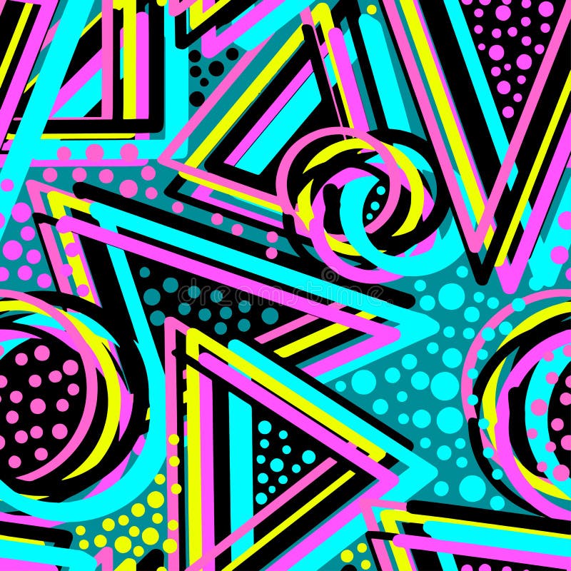 Abstract geometric triangles seamless background. Memphis style n stock illustration