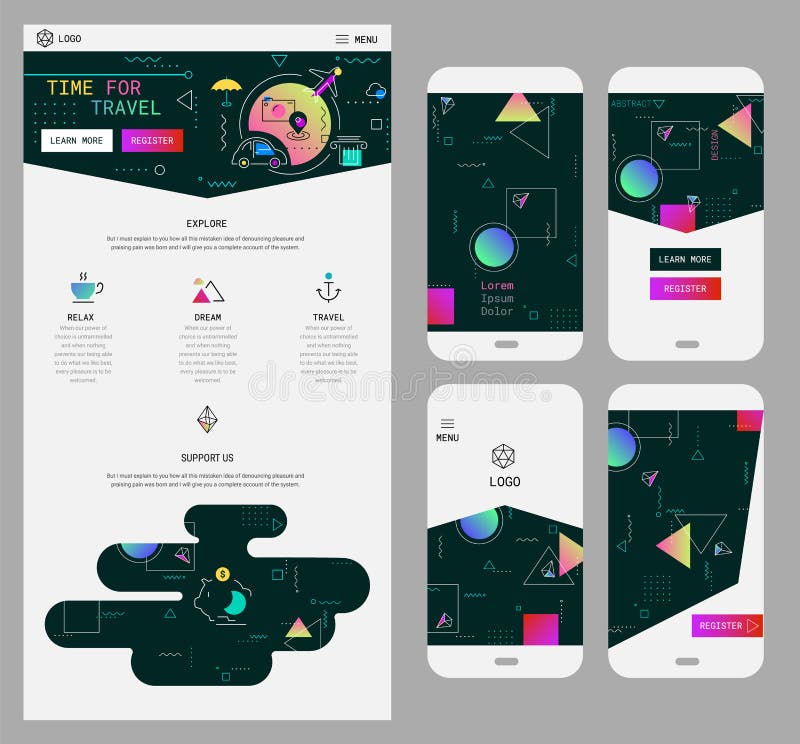 Abstract geometric UI screens mockup And One Page Website Design kit stock illustration