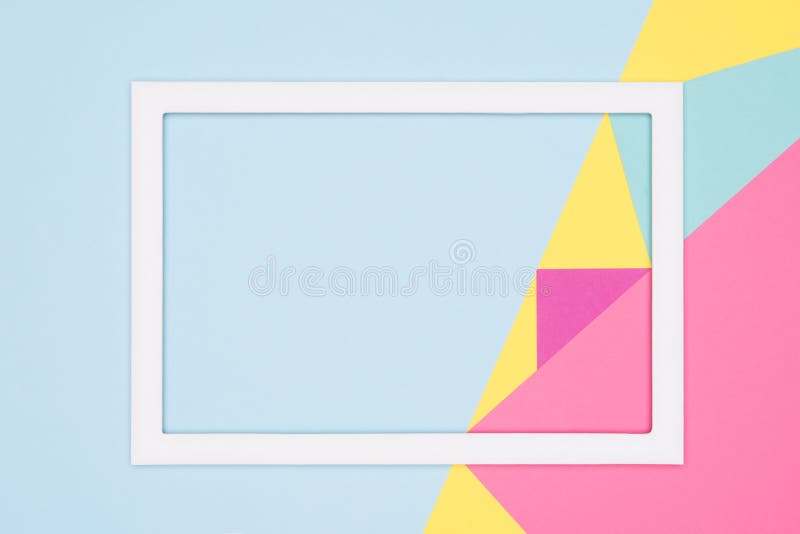 Abstract geometry flat lay pastel blue, pink and yellow paper texture minimalism background.