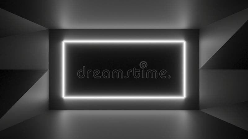 Neon white sign on a black background with a black mirror floor by