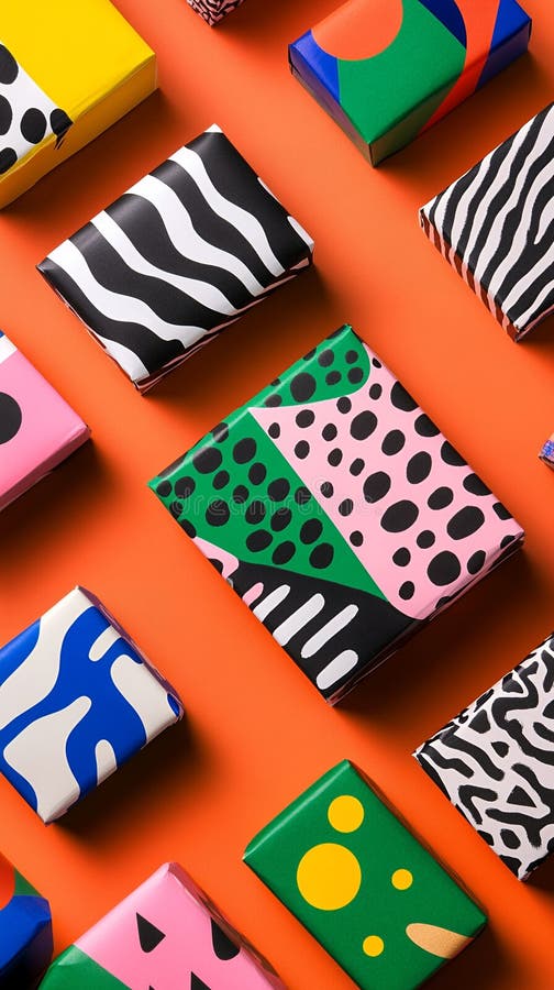 Abstract Gift Boxes Colorful Patterned Design Modern Art Prints fun bold paper style image happy stock illustration