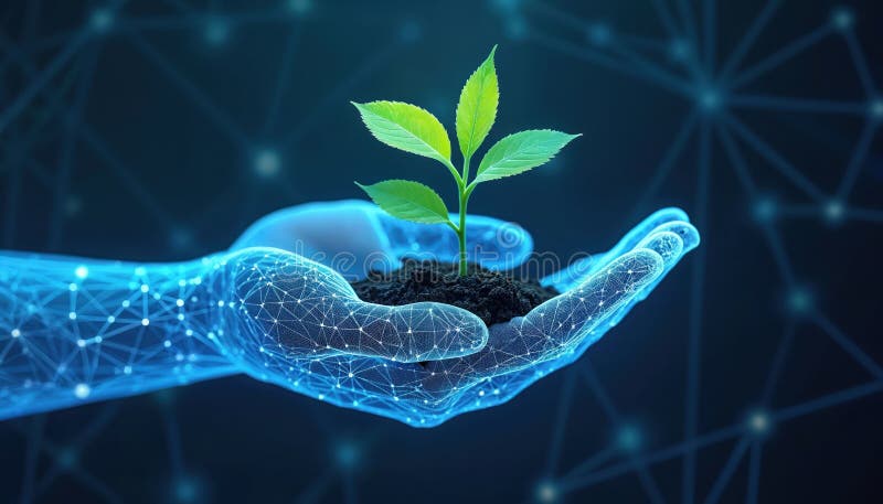 Abstract giving hand with young plant in soil on blue geometric background. Wireframe light connection structure. Symbolizes new royalty free stock photos