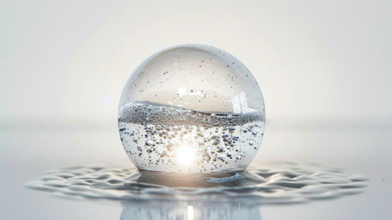 Abstract glass sphere on reflective surface with light refraction stock photos