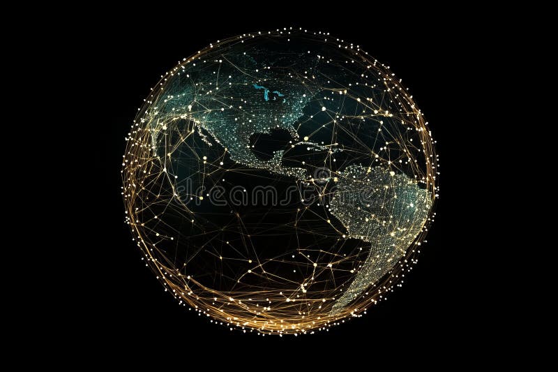 Abstract Global Network with Bright Lines and Points on Dark Background stock illustration