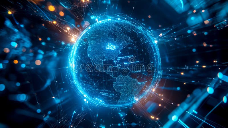 Planet earth rotating with glowing lines and particles flowing around it. Abstract globe rotating with glowing lines and particles flowing around, representing global network, blockchain technology and big data exchange AI generated