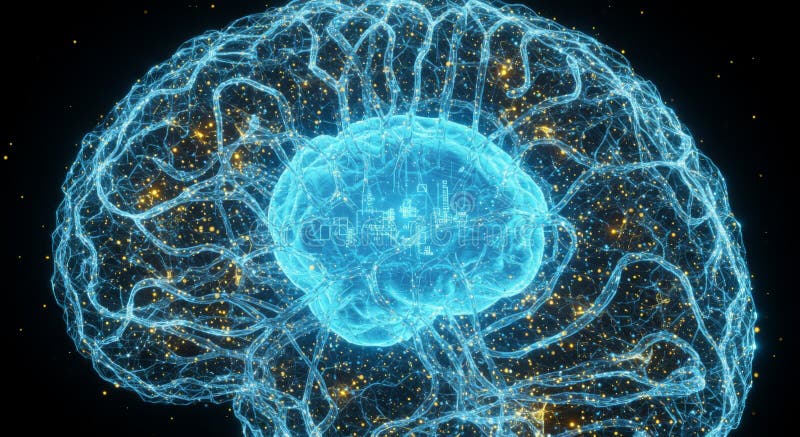 Abstract Glowing Blue Brain Neural Network stock illustration