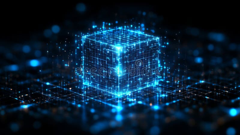 Abstract glowing blue cube of data representing futuristic energy systems, intelligent networks, and advanced smart home techno stock illustration