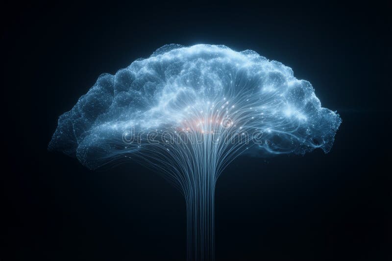 Abstract glowing brain made of light with intricate patterns illuminating in a dark background royalty free illustration