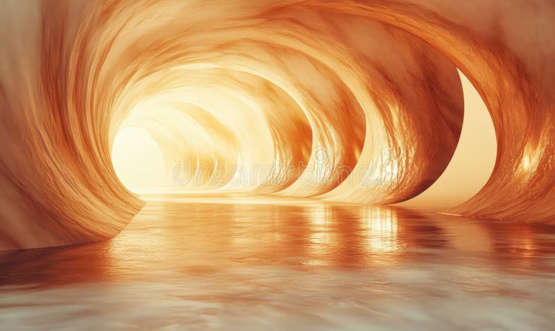 Abstract glowing cave with flowing textures and warm light reflections stock photos