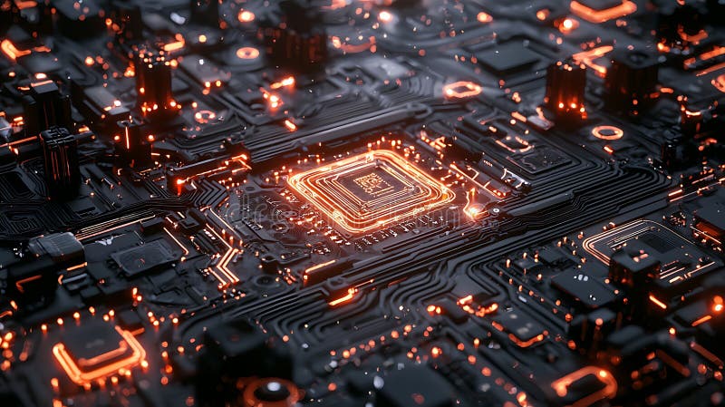 Abstract glowing circuit board with a central processor vector illustration