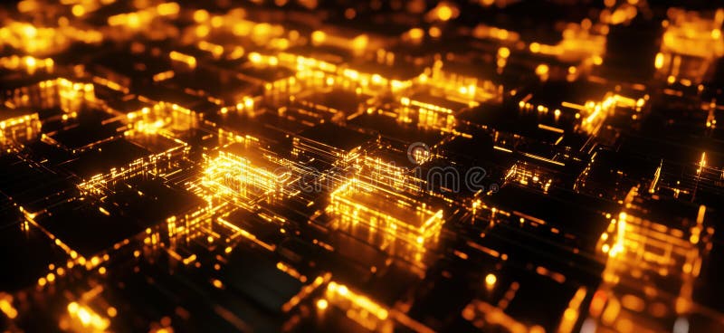 Abstract glowing circuitry design with golden lights and intricate patterns, copy space for text royalty free stock images