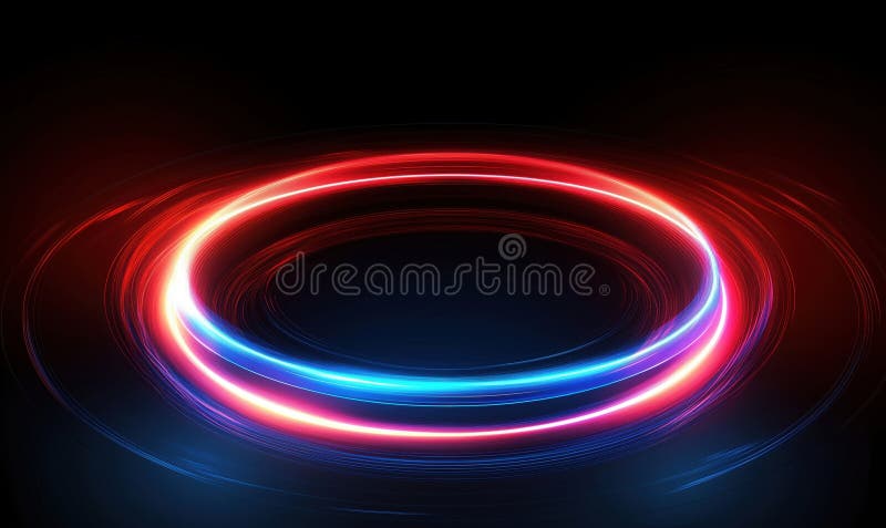 Abstract glowing circular light trails in red and blue colors on dark background stock image