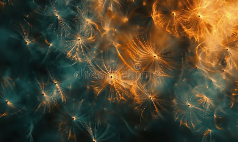 Abstract glowing dandelion seeds illuminated in orange and blue hues, creating a mesmerizing visual effect with stock photos