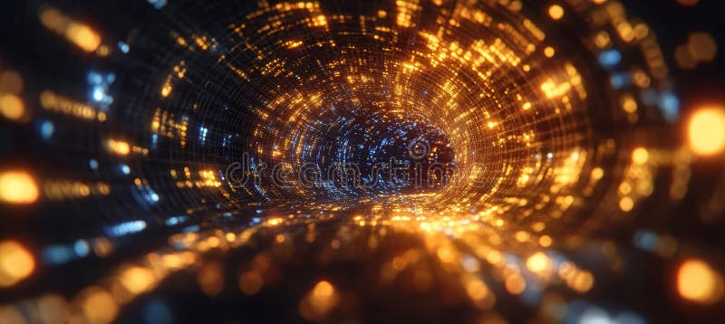 Abstract Glowing, Digital Technology Tunnel of Binary Data Flow. Future Tech Concept. stock illustration