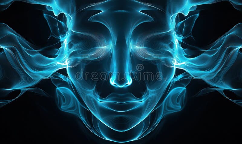 Abstract glowing face design, ethereal blue lines form facial features, intricate patterns, digital art, surreal stock photos