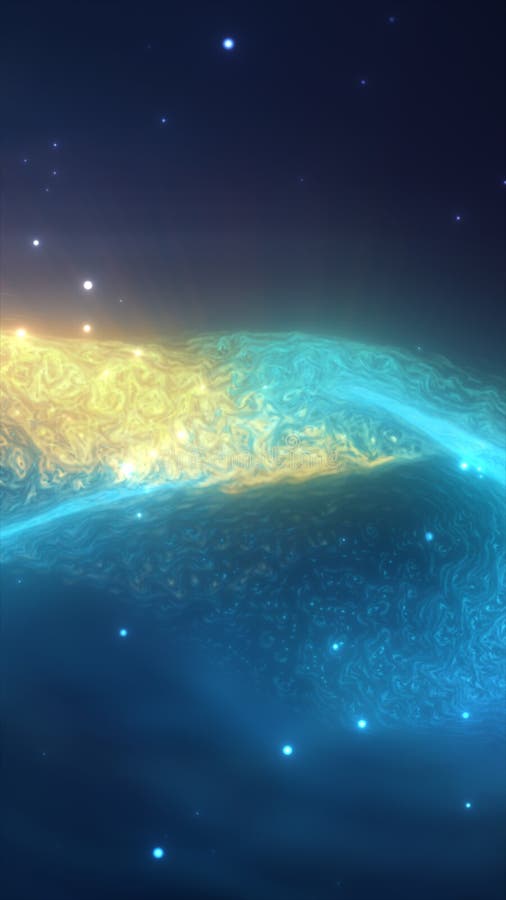 Abstract glowing fluid waves in blue and yellow light merging across a dark cosmic background royalty free stock photography