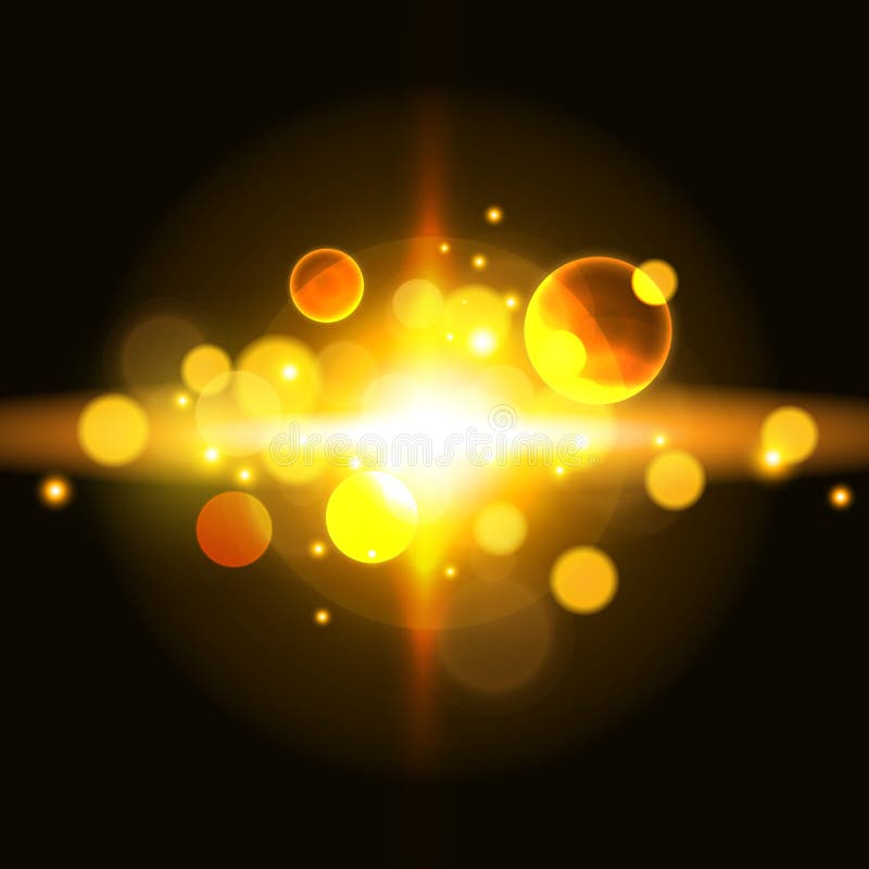 Abstract Glowing Golden Light Burst with Lens Flares and Bokeh Effects. vector illustration