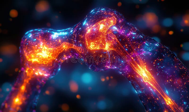 Abstract glowing joint structure with vibrant colors and cosmic elements stock image