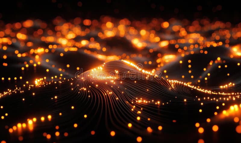 Abstract glowing landscape with orange lights, wavy lines, and dark background. Digital representation of waves and vector illustration