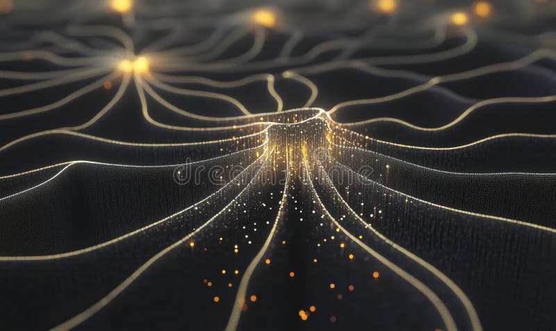 Abstract glowing lines and particles creating a mesmerizing wave pattern on a dark background, evoking a sense of depth stock photography