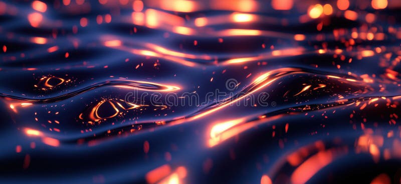 Abstract glowing liquid surface with vibrant orange and blue colors and dynamic waves, copy space for text royalty free stock photo