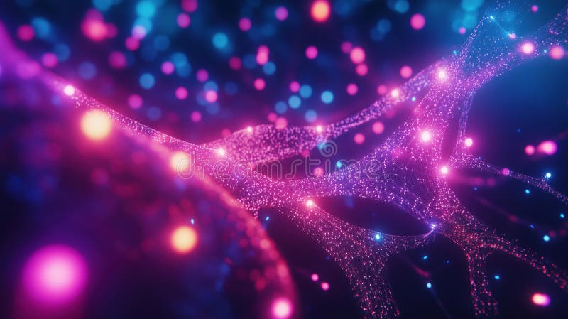 Abstract glowing network of colorful particles and lights stock photo