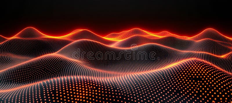 Abstract glowing network data dots form digital landscape motion particle on black background. royalty free illustration