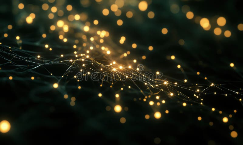 Abstract glowing network of interconnected nodes and lines, shimmering lights create a digital landscape, depth and royalty free stock images
