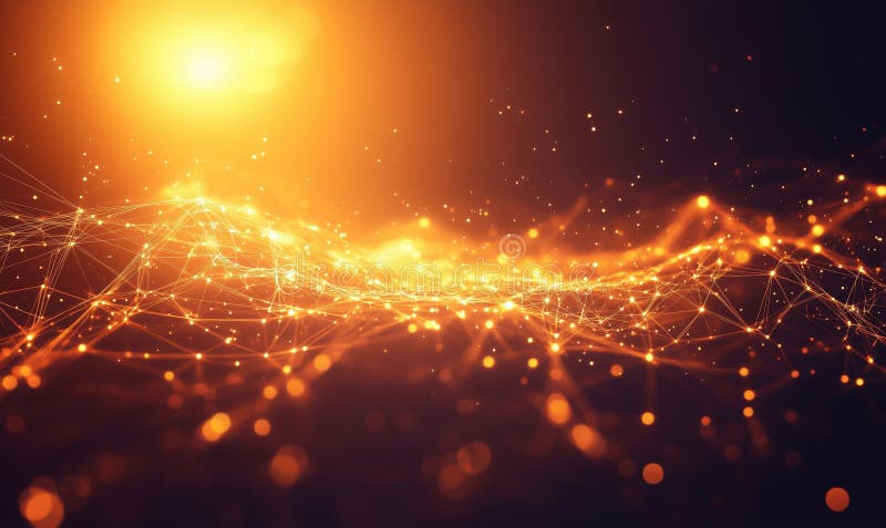Abstract glowing network of interconnected nodes and lines in warm orange tones stock image