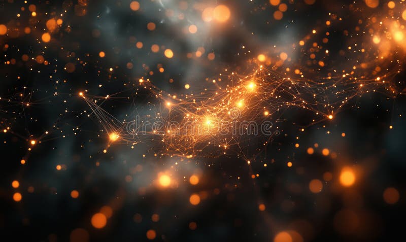 Abstract glowing network of interconnected particles and lines in orange and black tones royalty free stock photo