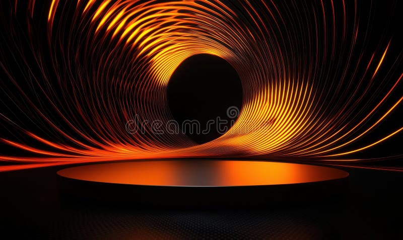 Abstract glowing orange and black tunnel with circular podium for presentations royalty free stock image