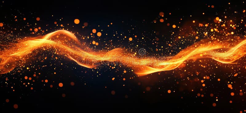 Abstract glowing orange wave with sparkling particles on dark background royalty free stock photo