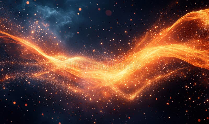 Abstract glowing orange wave with sparkling particles in dark cosmic background royalty free stock photo