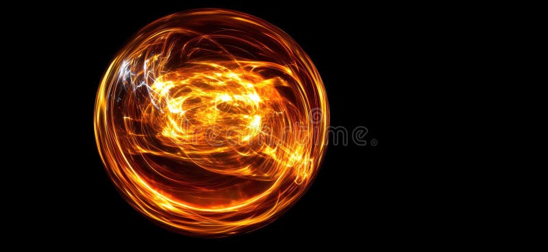 Abstract glowing orb with swirling golden light patterns on black background stock photos