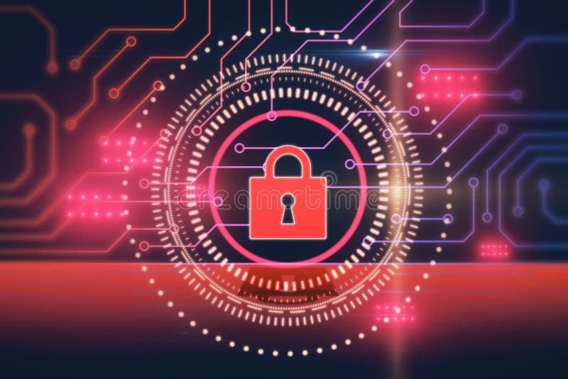 Abstract Glowing Padlock Interface on Red Background. Safety, Security