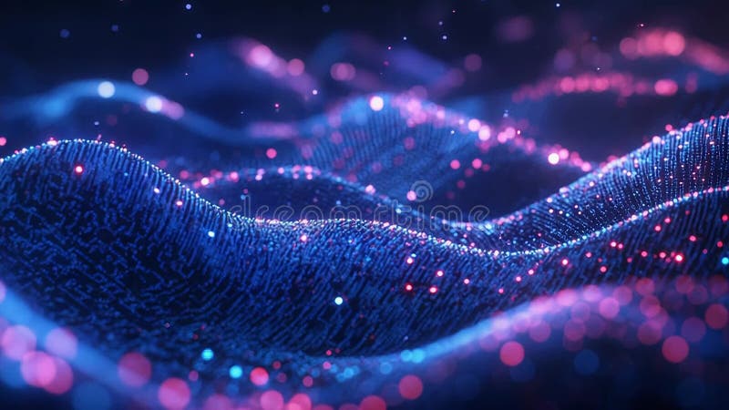 Abstract glowing particle waves forming digital data network royalty free illustration