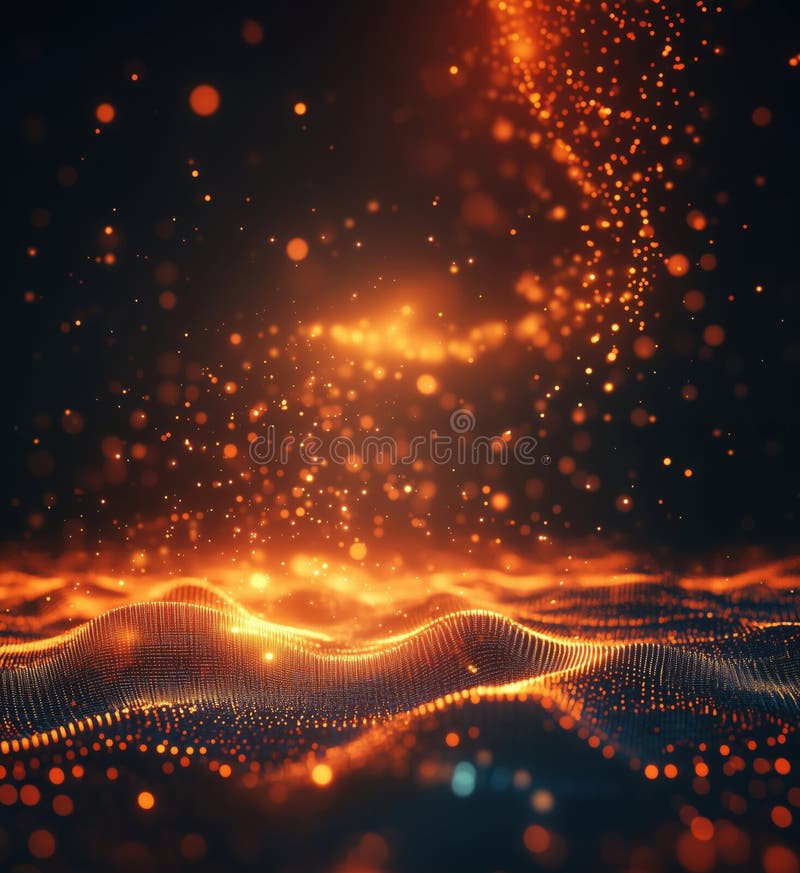 Abstract glowing particles creating waves in dark background with orange hues, copy space for text vector illustration