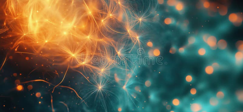 Abstract glowing particles and light trails in orange and teal colors, creating a mesmerizing digital background with royalty free stock image