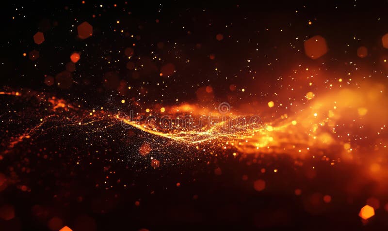 Abstract glowing particles, vibrant orange and gold hues, shimmering lights, dynamic movement, cosmic feel, depth and royalty free stock image