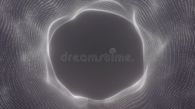 Abstract glowing portal with smooth wave-like white dots forming a circular vortex on a dark background stock photos