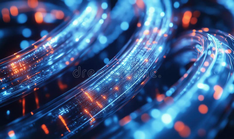 Abstract glowing rings with blue and orange lights, intricate patterns, digital technology, futuristic design, vibrant stock photography