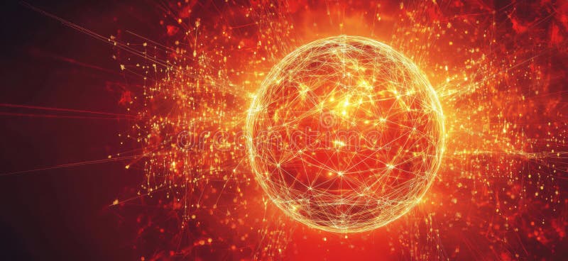Abstract glowing sphere with interconnected lines and particles in vibrant red tones, copy space for text royalty free stock image