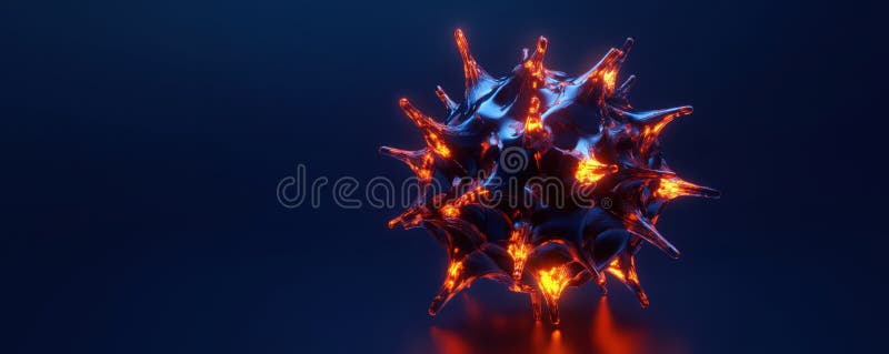 Abstract glowing spiky sphere with vibrant orange and blue colors in 3D rendering, copy space for text royalty free illustration