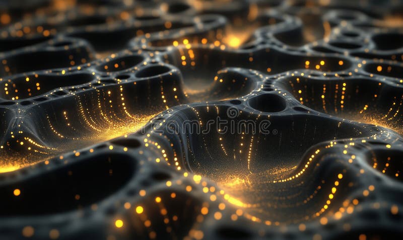 Abstract glowing surface with golden particles, intricate patterns, and depth variations. Dark background enhances royalty free stock photos