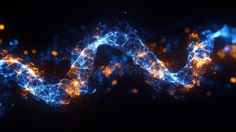 Abstract glowing wave of blue and orange particles with dynamic light effects royalty free stock images
