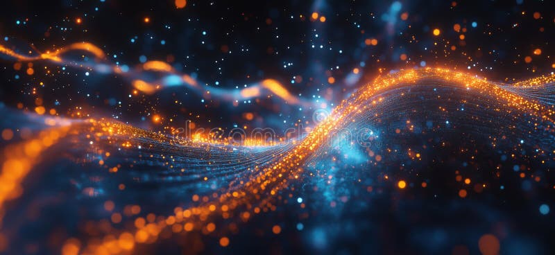 Abstract glowing wave with orange and blue particles creating a mesmerizing digital landscape royalty free stock images